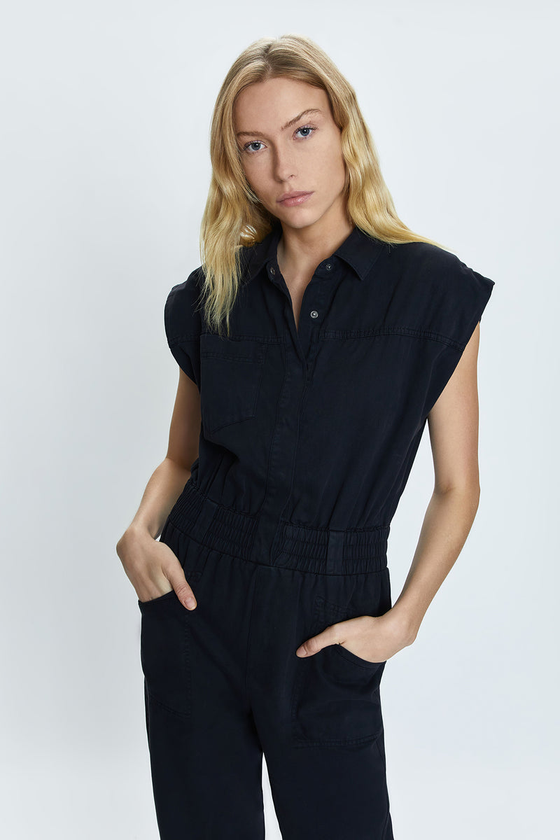 Rosie Shoulder Pad Jumpsuit - Fade To Black – Pistola Denim