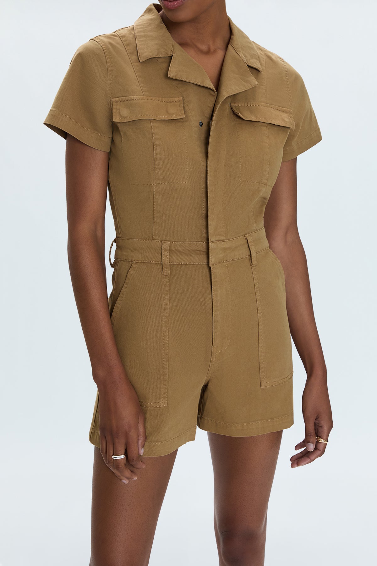 Morgan Short Sleeve Utility Romper- Khaki