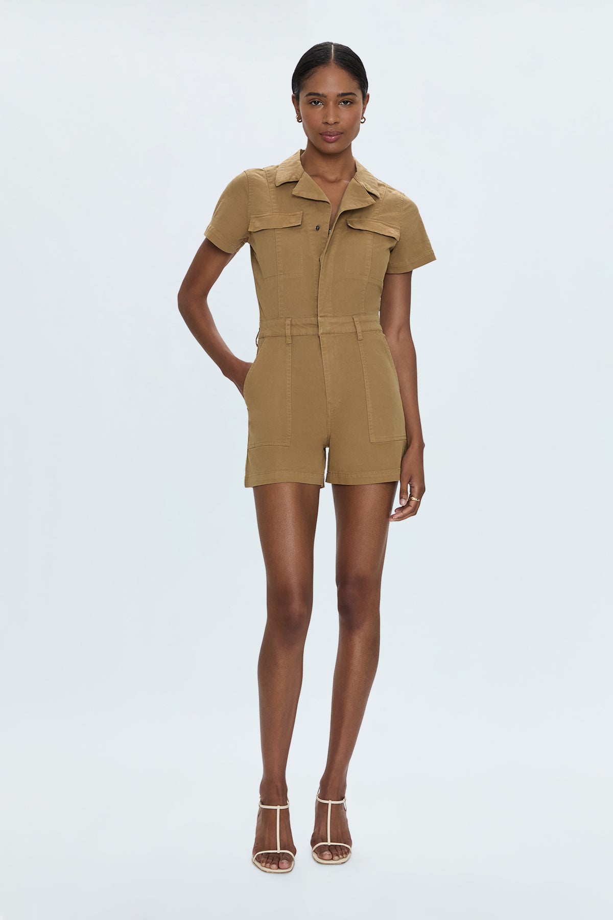 Morgan Short Sleeve Utility Romper- Khaki