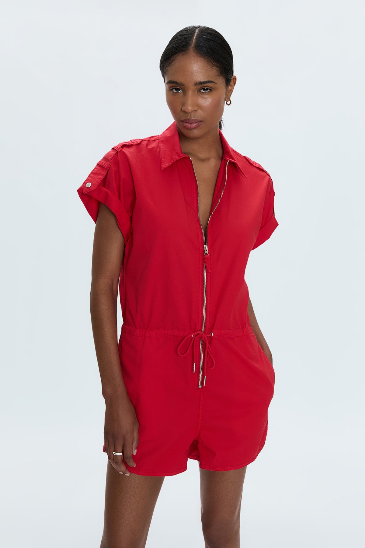 Meg Short Sleeve Zip Front Romper - Ruby