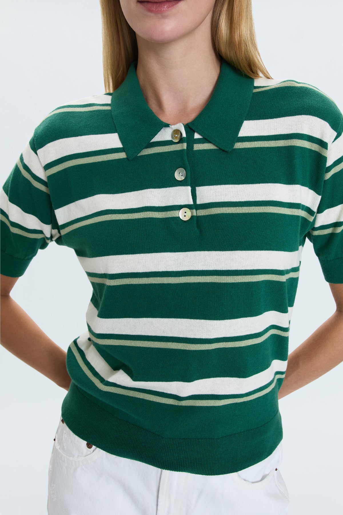 Drea Cropped Polo- Emerald Stripe