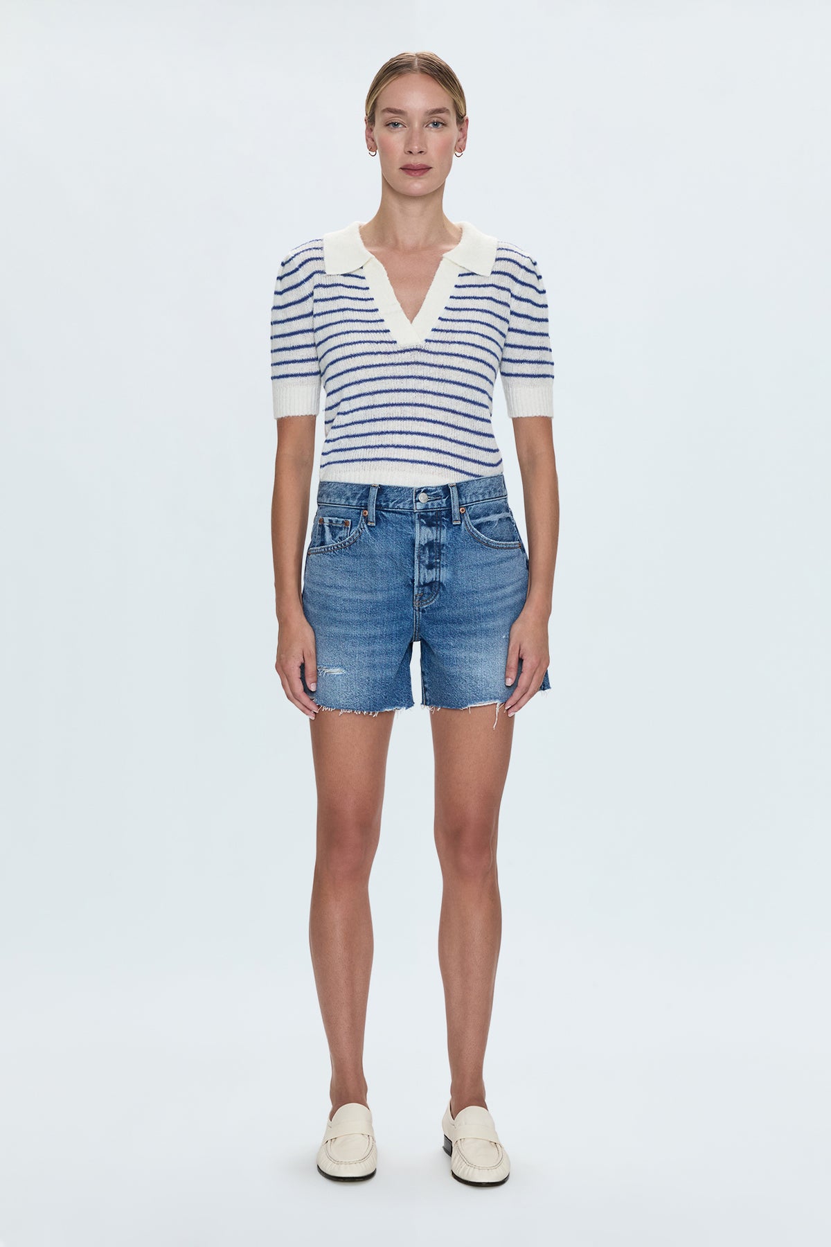 Billie Pleat Sleeve Polo- Maritime Shell Strip