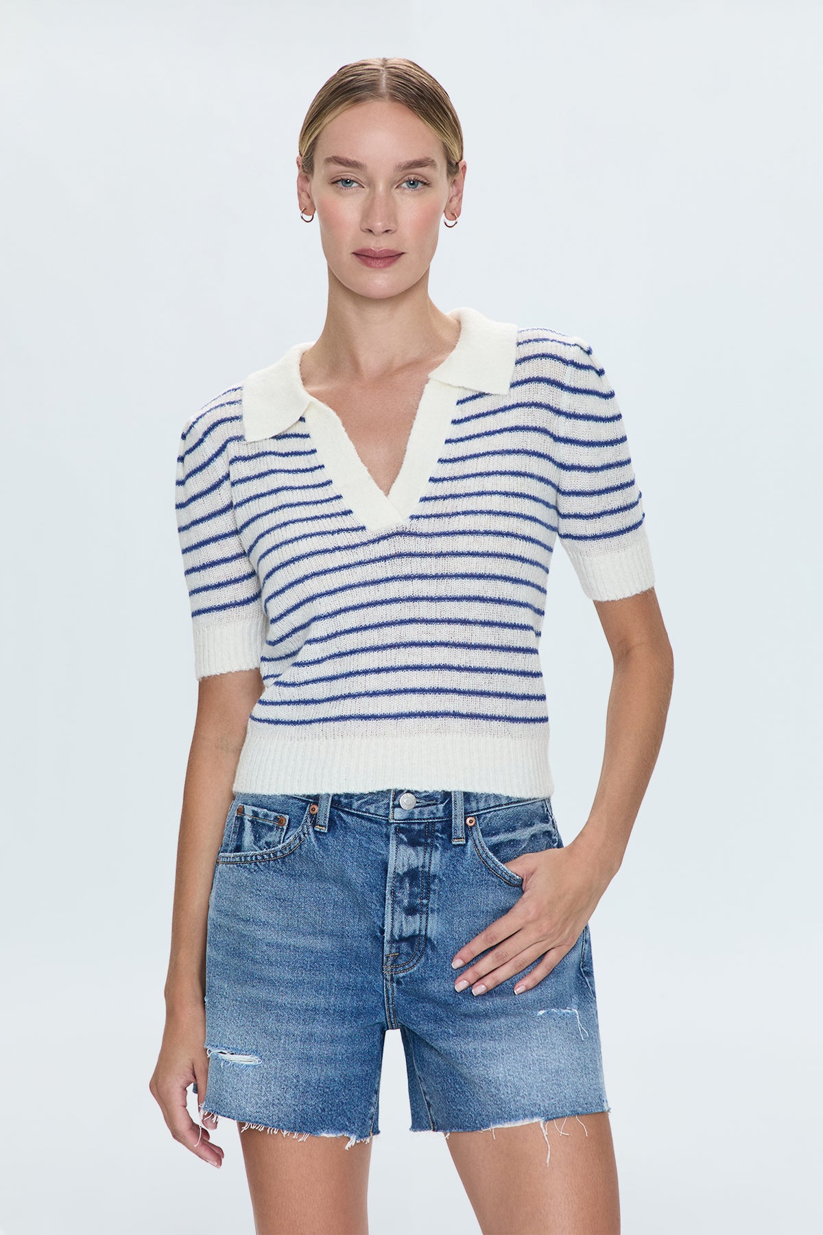 Billie Pleat Sleeve Polo- Maritime Shell Strip