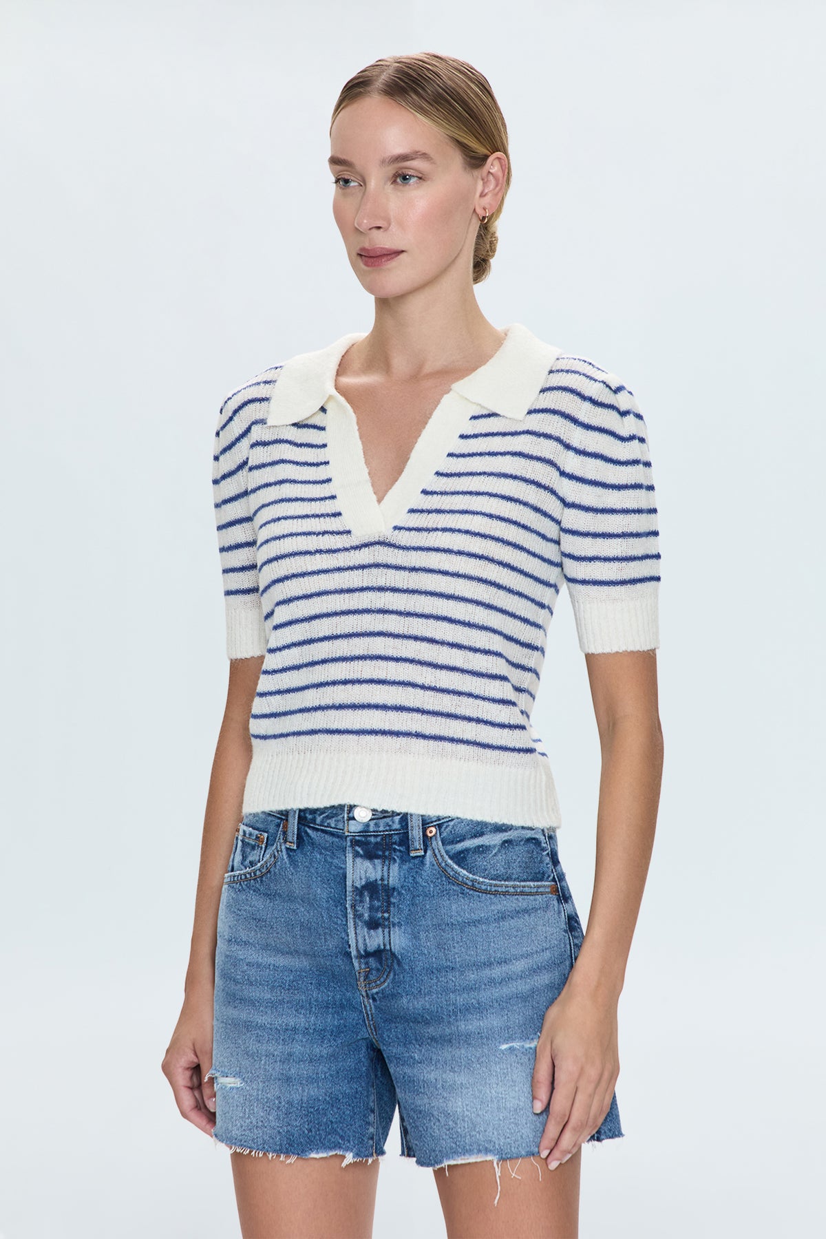 Billie Pleat Sleeve Polo- Maritime Shell Strip