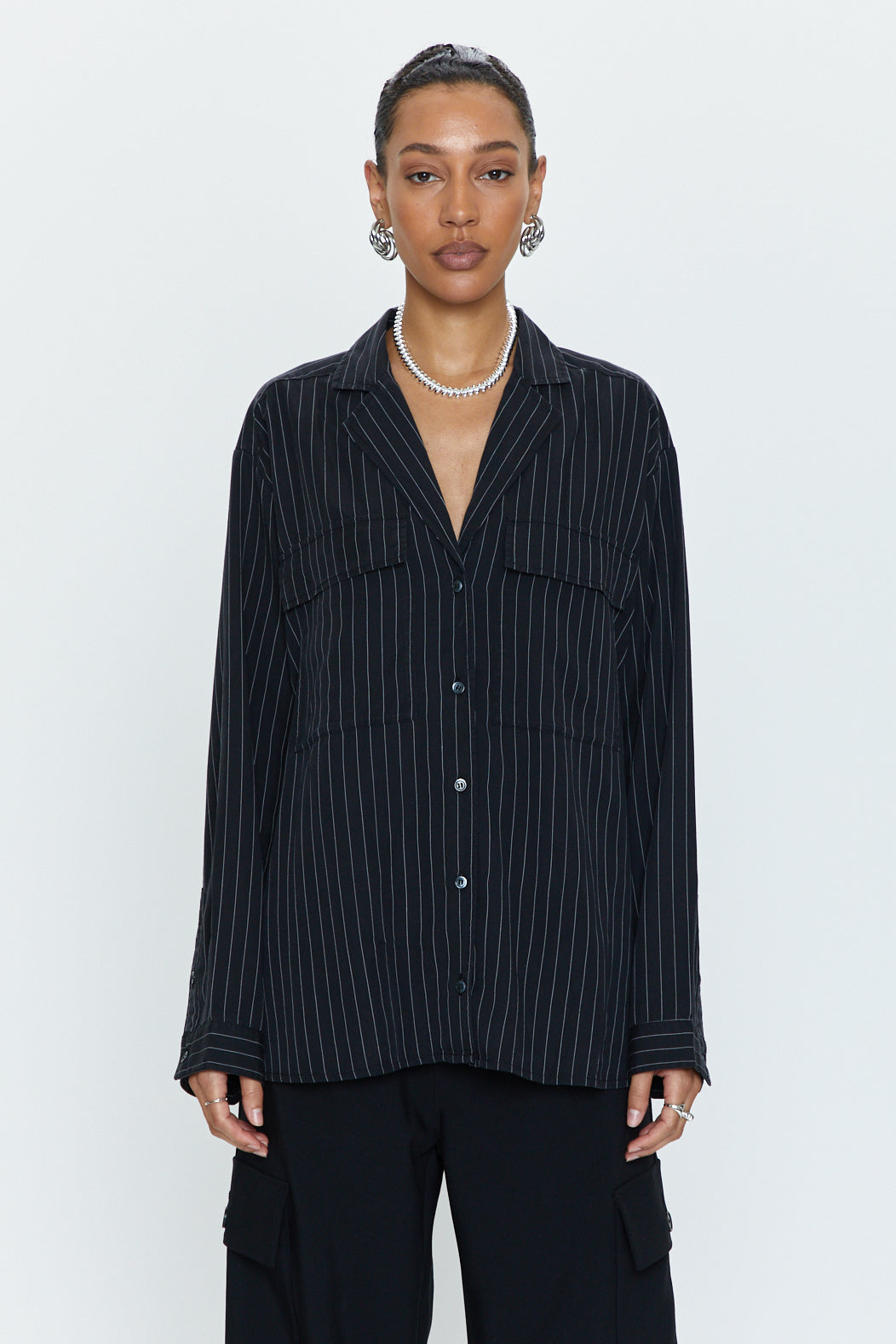 Irene Effortless Button Down Shirt - Black Pinstripe